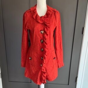 Charlie & Robin by Anthropology Dark Orange Ruffle Trench Coat Size M 100%Wool